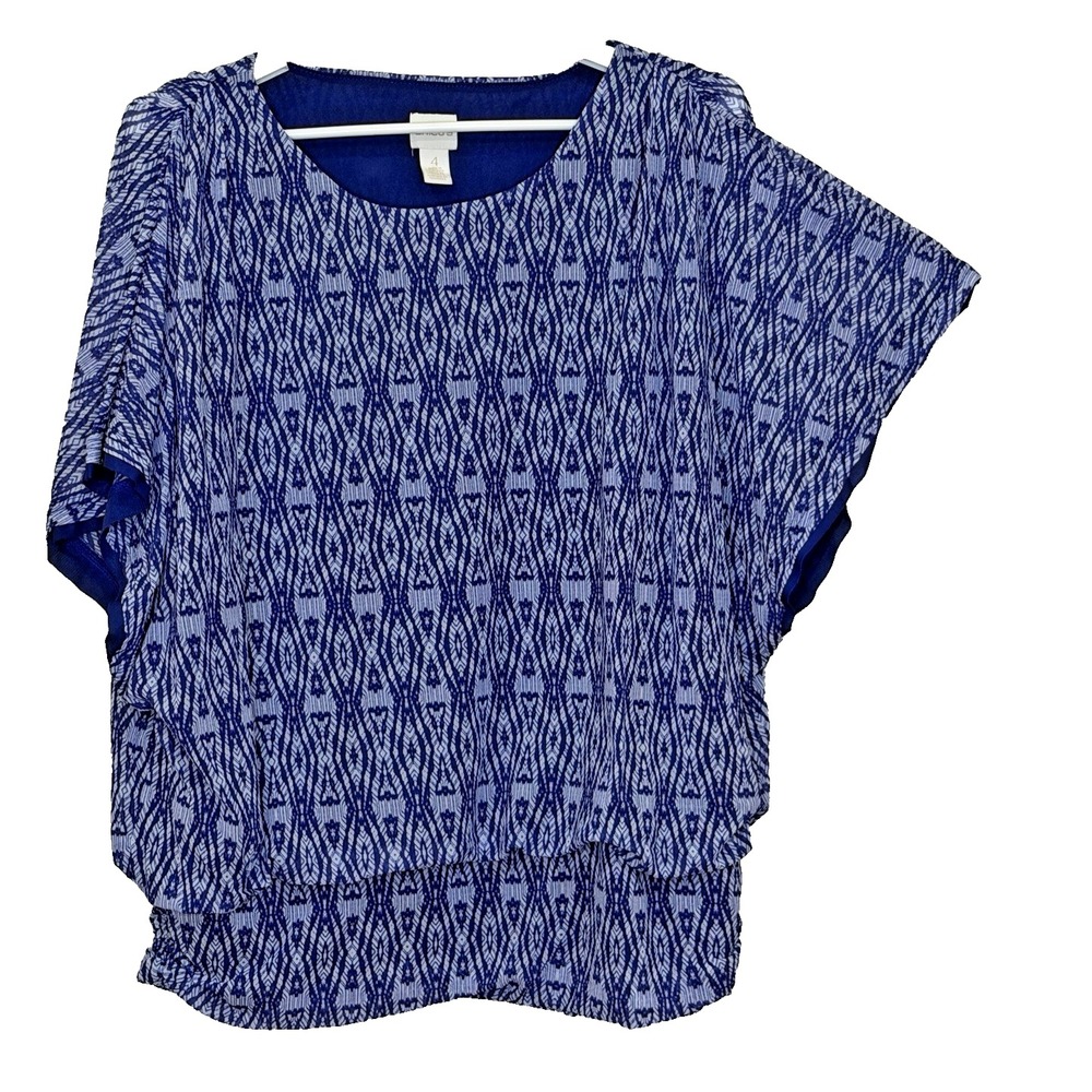 Chico's Pullover Top Womens Sz 4 US XXL Blue White‎ Print Short Sleeve Blouson